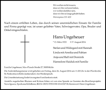 Anzeige von Hans Ungeheuer von Kölner Stadt-Anzeiger / Kölnische Rundschau / Express