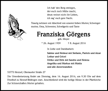 Anzeige von Franziska Görgens von Kölner Stadt-Anzeiger / Kölnische Rundschau / Express