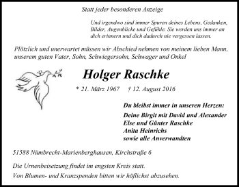 Anzeige von Holger Raschke von Kölner Stadt-Anzeiger / Kölnische Rundschau / Express
