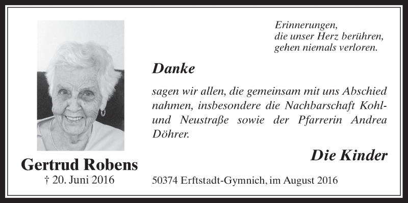  Traueranzeige für Gertrud Robens vom 10.08.2016 aus  Werbepost 