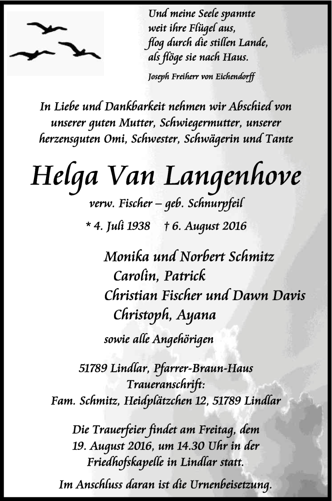  Traueranzeige für Helga van Langenhove vom 13.08.2016 aus Kölner Stadt-Anzeiger / Kölnische Rundschau / Express