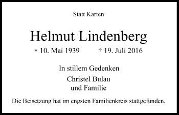 Anzeige von Helmut Lindenberg von Kölner Stadt-Anzeiger / Kölnische Rundschau / Express