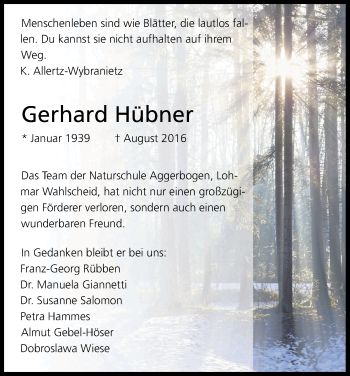 Anzeige von Gerhard Hübner von Kölner Stadt-Anzeiger / Kölnische Rundschau / Express