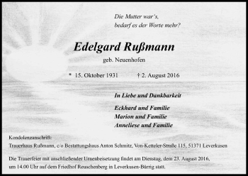 Anzeige von Edelgard Rußmann von Kölner Stadt-Anzeiger / Kölnische Rundschau / Express