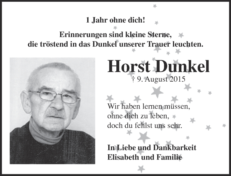  Traueranzeige für Horst Dunkel vom 06.08.2016 aus  Blickpunkt Euskirchen 