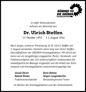 Anzeige von Ulrich Steffen von Kölner Stadt-Anzeiger / Kölnische Rundschau / Express