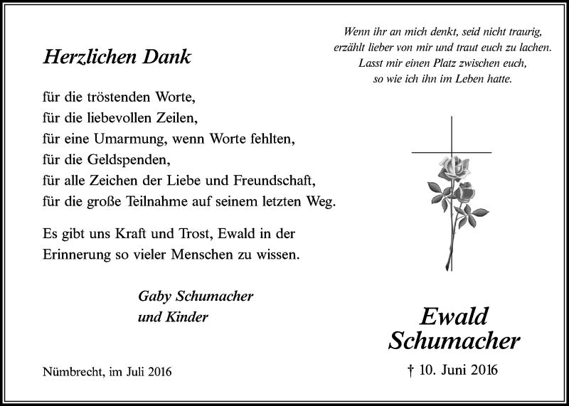  Traueranzeige für Ewald Schumacher vom 03.08.2016 aus  Lokalanzeiger 