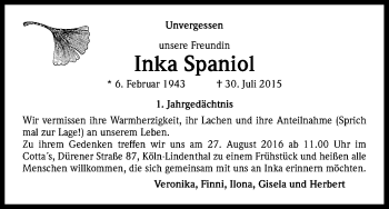 Anzeige von Inka Spaniol von Kölner Stadt-Anzeiger / Kölnische Rundschau / Express