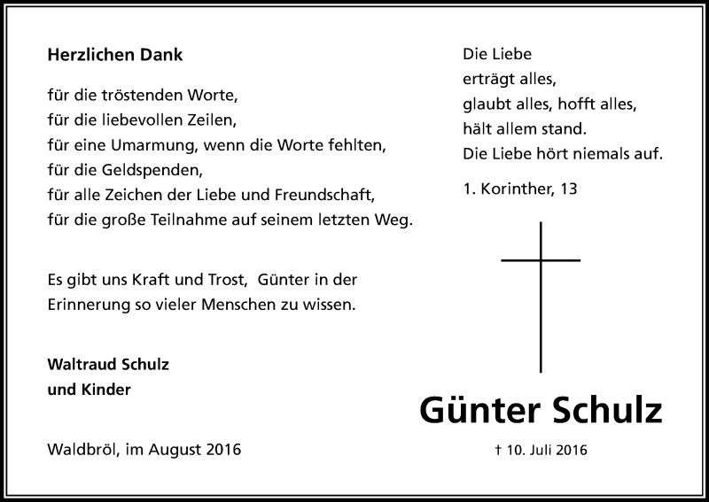  Traueranzeige für Günter Schulz vom 06.08.2016 aus Kölner Stadt-Anzeiger / Kölnische Rundschau / Express