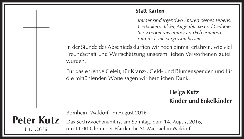  Traueranzeige für Peter Kutz vom 03.08.2016 aus  Schaufenster/Blickpunkt  Schlossbote/Werbekurier 