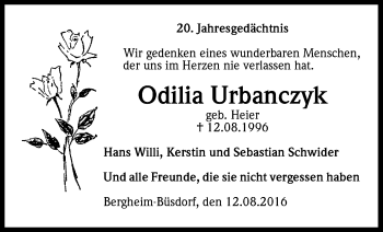 Anzeige von Odilia Urbanczyk von Kölner Stadt-Anzeiger / Kölnische Rundschau / Express
