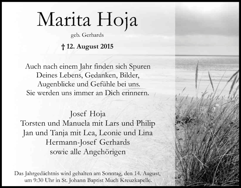  Traueranzeige für Marita Hoja vom 13.08.2016 aus Kölner Stadt-Anzeiger / Kölnische Rundschau / Express