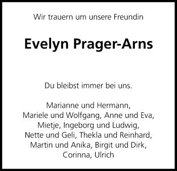 Anzeige von Evelyn Prager-Arns von Kölner Stadt-Anzeiger / Kölnische Rundschau / Express
