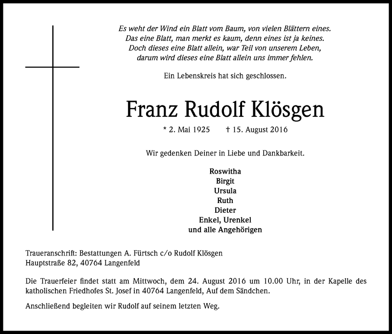 Traueranzeige für Franz Rudolf Klösgen vom 20.08.2016 aus Kölner Stadt-Anzeiger / Kölnische Rundschau / Express