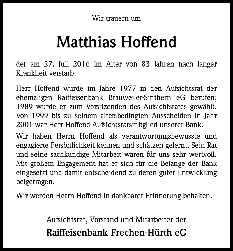  Traueranzeige für Matthias Hoffend vom 08.08.2016 aus Kölner Stadt-Anzeiger / Kölnische Rundschau / Express