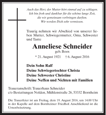 Anzeige von Anneliese Schneider von  Schaufenster/Blickpunkt 