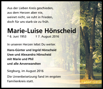 Anzeige von Marie-Luise Hönscheid von Kölner Stadt-Anzeiger / Kölnische Rundschau / Express
