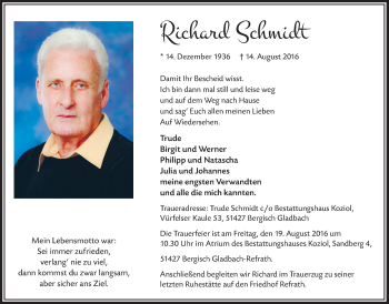 Anzeige von Richard Schmidt von  Bergisches Handelsblatt 