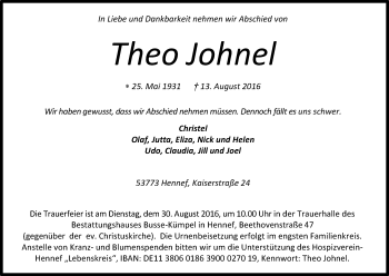 Anzeige von Theo Johnel von Kölner Stadt-Anzeiger / Kölnische Rundschau / Express