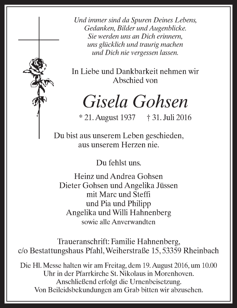  Traueranzeige für Gisela Gohsen vom 10.08.2016 aus  Schaufenster/Blickpunkt 