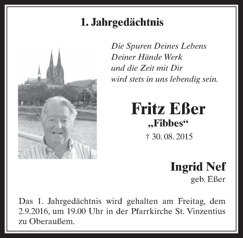  Traueranzeige für Fritz Eßer vom 31.08.2016 aus  Werbepost 