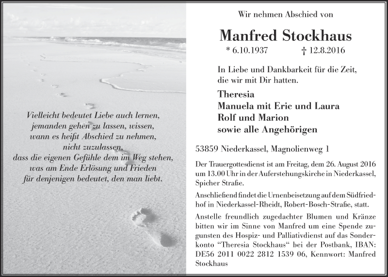  Traueranzeige für Manfred Stockhaus vom 24.08.2016 aus  Extra Blatt 