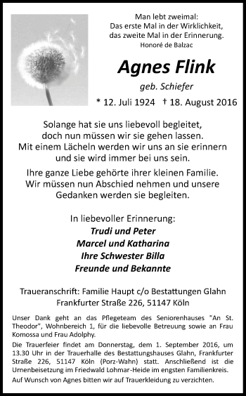 Anzeige von Agnes Flink von Kölner Stadt-Anzeiger / Kölnische Rundschau / Express