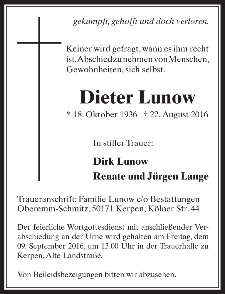 Traueranzeige für Dieter Lunow vom 31.08.2016 aus  Werbepost 