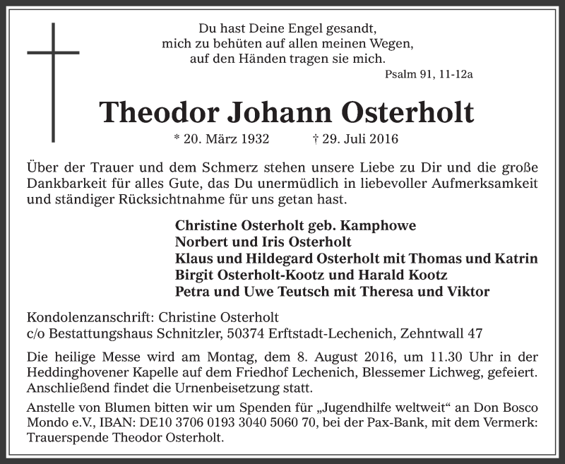  Traueranzeige für Theodor Johann Osterholt vom 03.08.2016 aus  Werbepost 