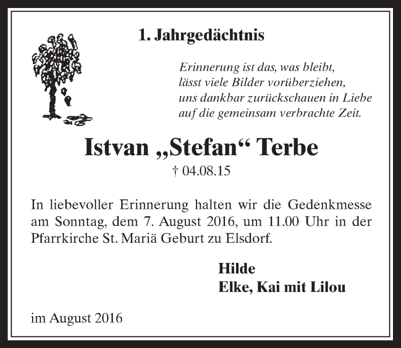  Traueranzeige für Istvan Terbe vom 03.08.2016 aus  Werbepost 