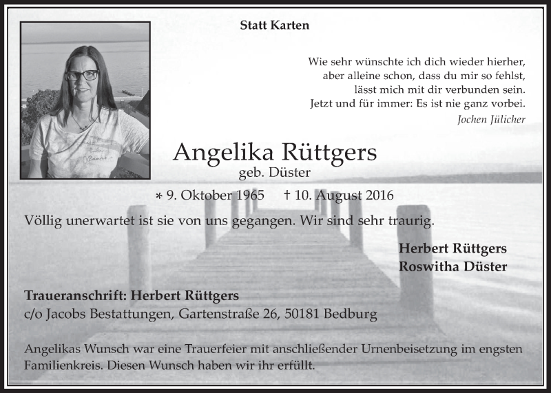  Traueranzeige für Angelika Rüttgers vom 24.08.2016 aus  Werbepost 