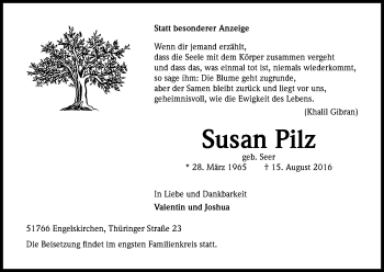 Anzeige von Susan Pilz von Kölner Stadt-Anzeiger / Kölnische Rundschau / Express