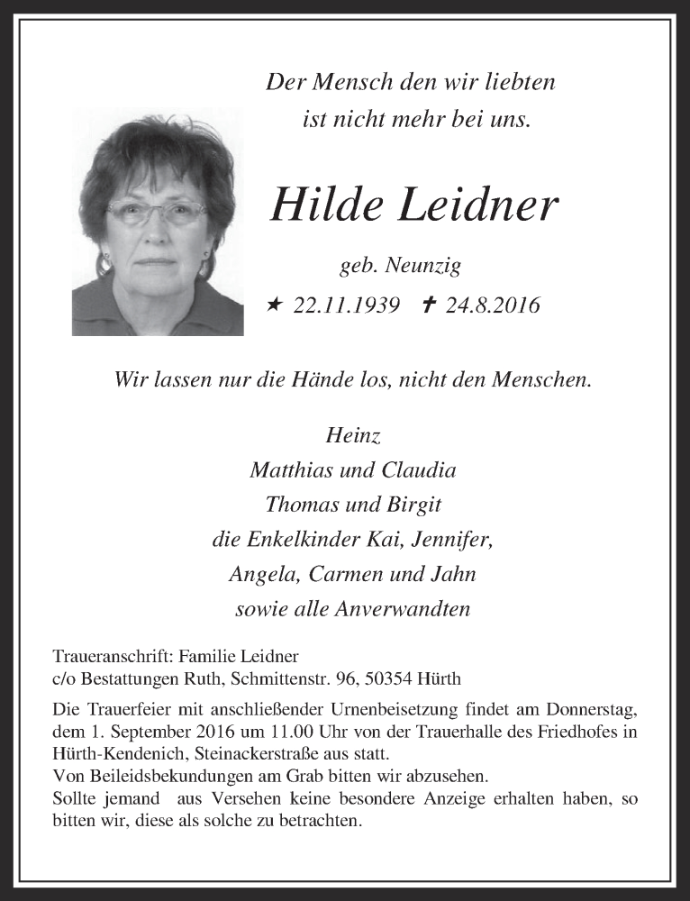  Traueranzeige für Hilde Leidner vom 31.08.2016 aus  Wochenende 