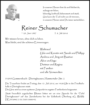 Anzeige von Reiner Schumacher von Kölner Stadt-Anzeiger / Kölnische Rundschau / Express