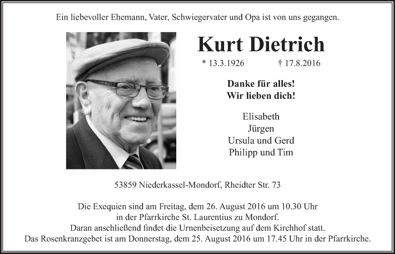  Traueranzeige für Kurt Dietrich vom 24.08.2016 aus  Extra Blatt 