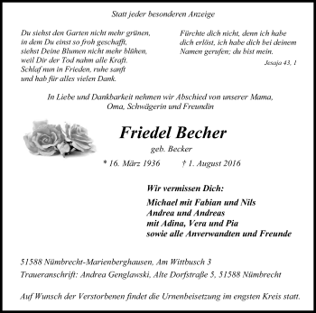 Anzeige von Friedel Becher von Kölner Stadt-Anzeiger / Kölnische Rundschau / Express