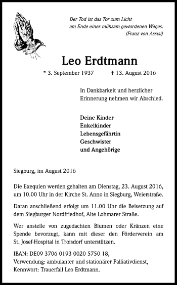 Anzeige von Leo Erdtmann von Kölner Stadt-Anzeiger / Kölnische Rundschau / Express