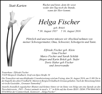 Anzeige von Helga Fischer von Kölner Stadt-Anzeiger / Kölnische Rundschau / Express