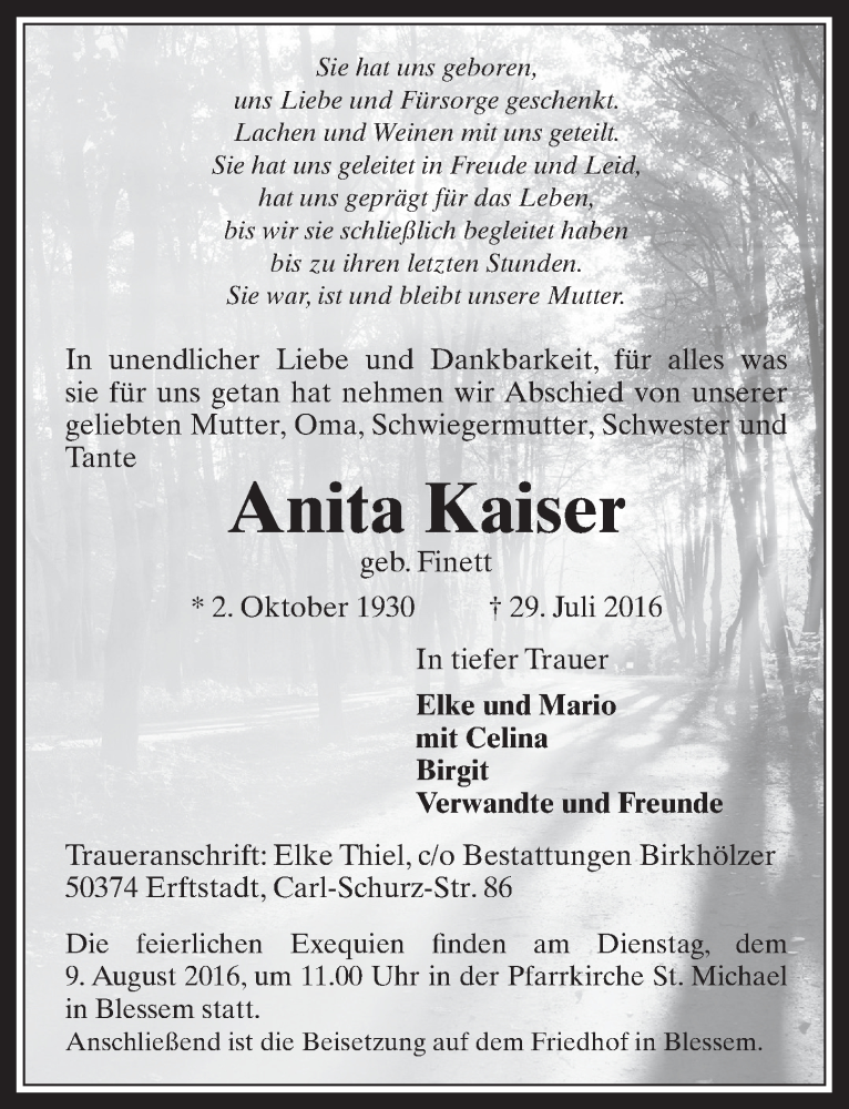  Traueranzeige für Anita Kaiser vom 06.08.2016 aus  Sonntags-Post 