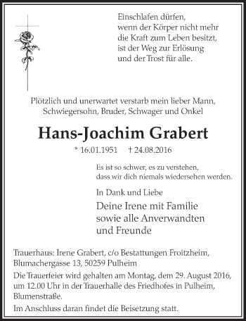 Anzeige von Hans-Joachim Grabert von  Sonntags-Post 