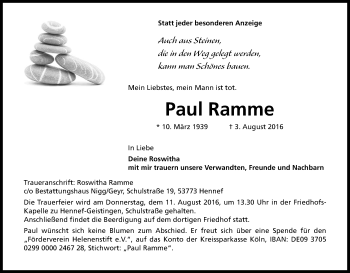 Anzeige von Paul Ramme von Kölner Stadt-Anzeiger / Kölnische Rundschau / Express