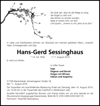 Anzeige von Hans-Gerd Sessinghaus von Kölner Stadt-Anzeiger / Kölnische Rundschau / Express
