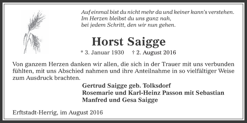  Traueranzeige für Horst Saigge vom 31.08.2016 aus  Werbepost 