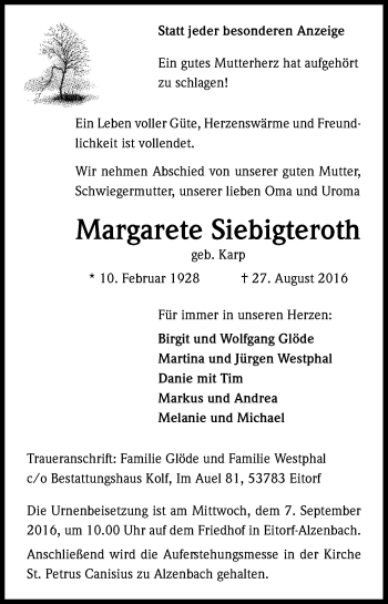 Anzeige von Margarete Siebigteroth von Kölner Stadt-Anzeiger / Kölnische Rundschau / Express