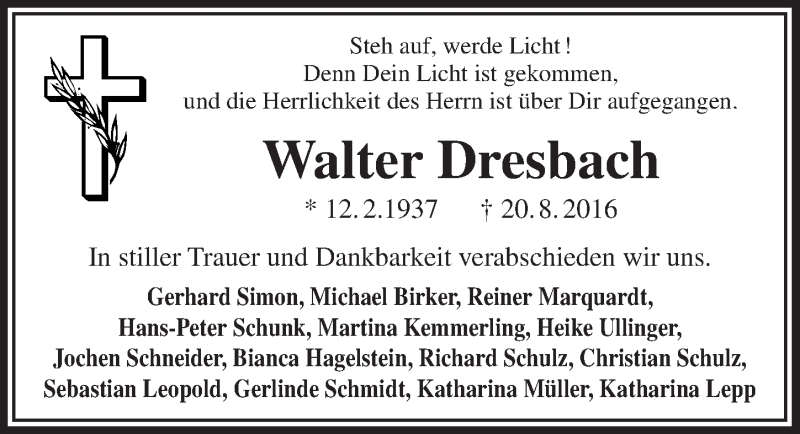  Traueranzeige für Walter Dresbach vom 31.08.2016 aus  Anzeigen Echo  Lokalanzeiger 