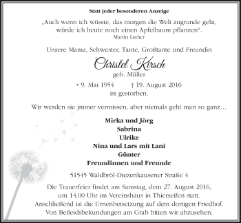 Anzeige von Christel Kirsch von  Lokalanzeiger 
