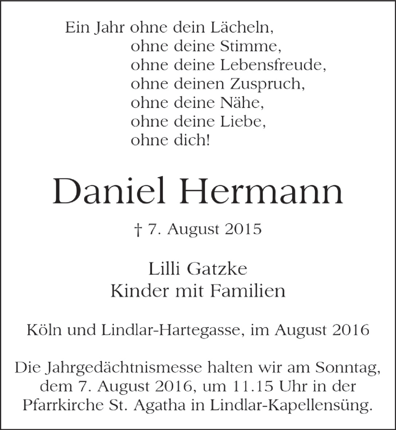  Traueranzeige für Daniel Hermann vom 03.08.2016 aus  Kölner Wochenspiegel  Anzeigen Echo 