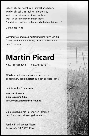 Anzeige von Martin Picard von Kölner Stadt-Anzeiger / Kölnische Rundschau / Express