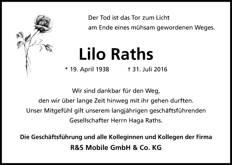  Traueranzeige für Lilo Raths vom 10.08.2016 aus Kölner Stadt-Anzeiger / Kölnische Rundschau / Express