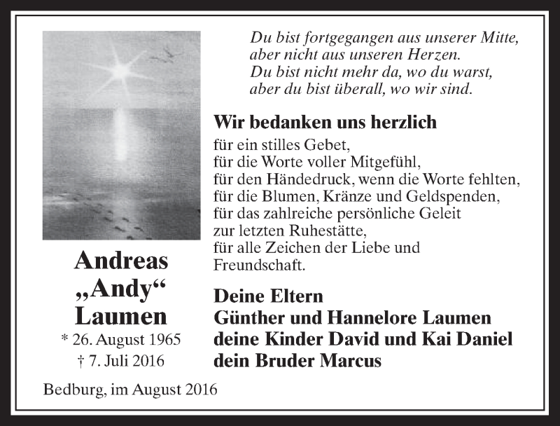  Traueranzeige für Andreas Laumen vom 03.08.2016 aus  Werbepost 